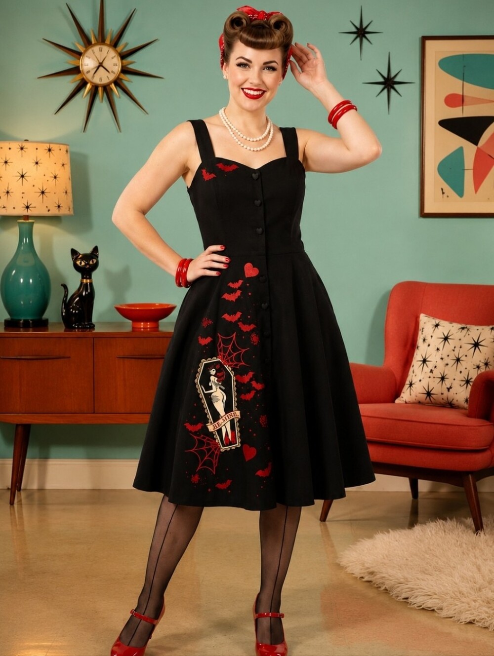 Voodoo Vixen Black Midi Dress with Red Hearts & Bats